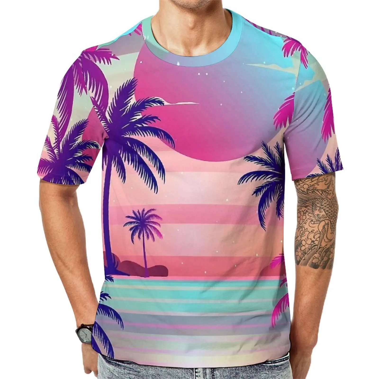Purple Sunset Palm Trees T-Shirt For Male  Pattern O Neck T Shirts Summer Vintage  Tops Short Sleeve Basic Plus Size Tees Gift