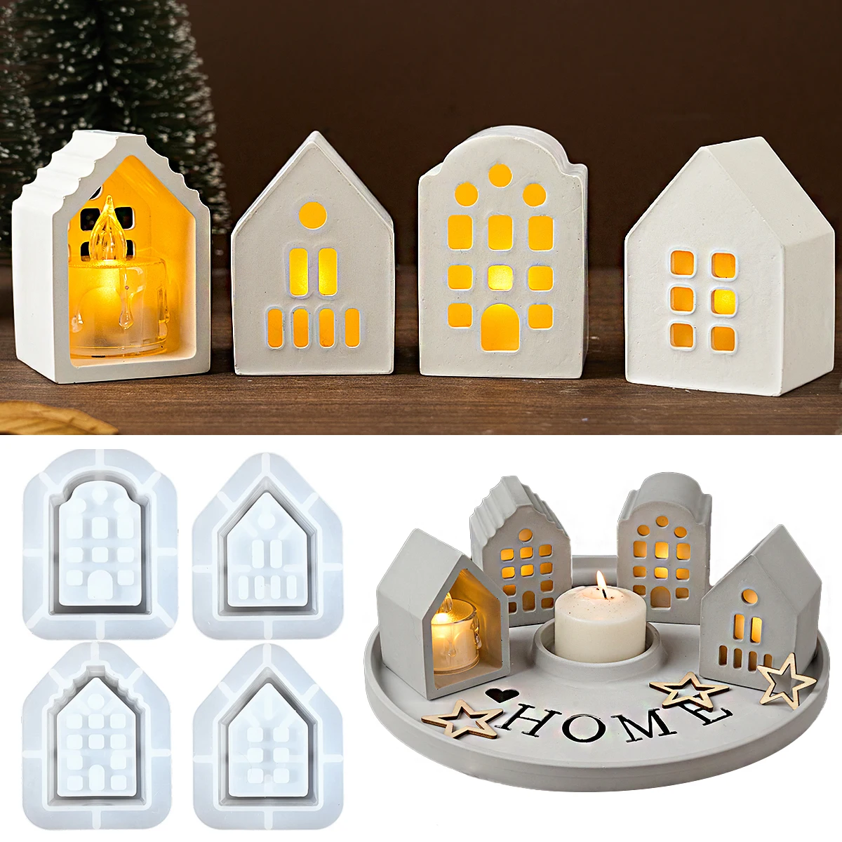 Hollow House Series Candle Holder Silicone Mold Concrete Buliding Design House Tea Light Candlestick Resin Craft Mold Home Decor