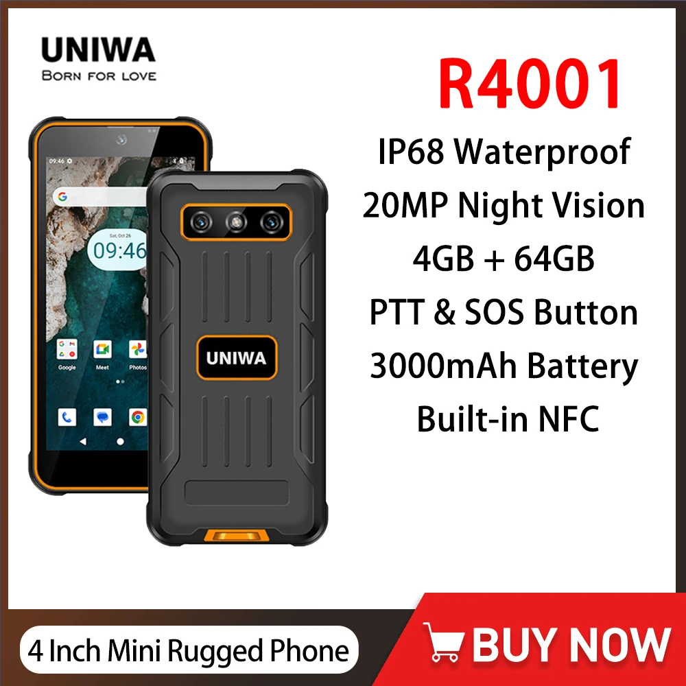 UNIWA R4001 4G 견고한 스마트폰, 4.0 인치 디스플레이 PTT 소형 휴대폰, 4GB RAM, 64GB ROM, 20MP 나이트 비전, 3000mAh SOS, 안드로이드 14 NFC 