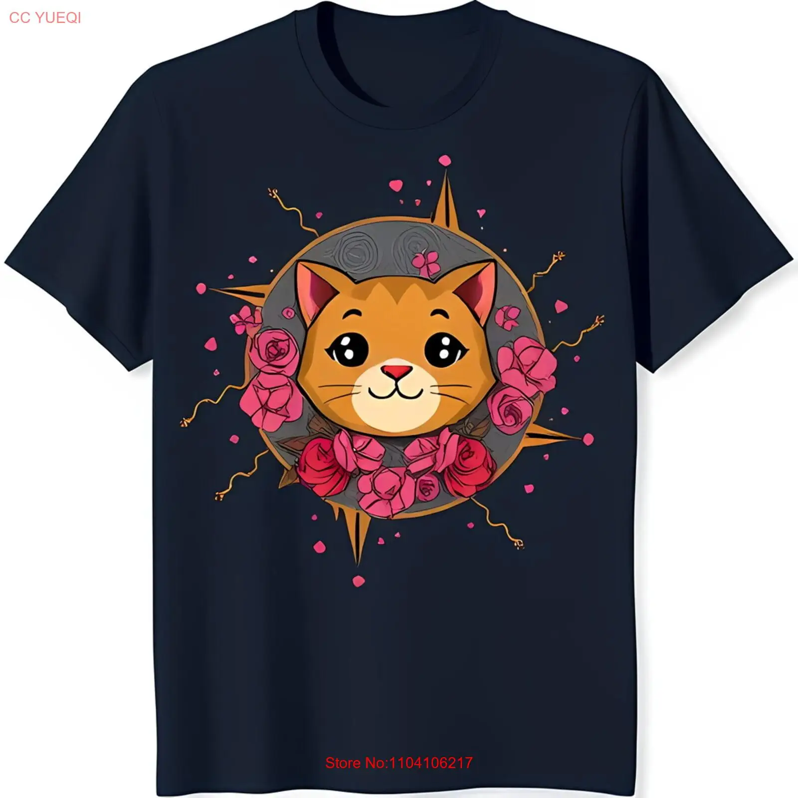 

Adorable Black T-Shirt with Cartoon Cat & Pink Flower Crown Graphic