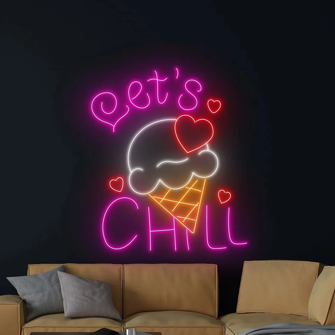 Let's Chill Ice Cream Neon Sign Ice Cream Cone  Neon Light Ice Cream Store Wall Art Light Decor Sign