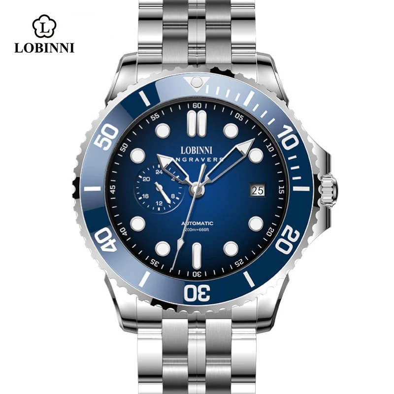 LOBINNI Casual Men's Wristwatches Business Stainless Steel Luminous 100Bar Waterproof Automatic Watch