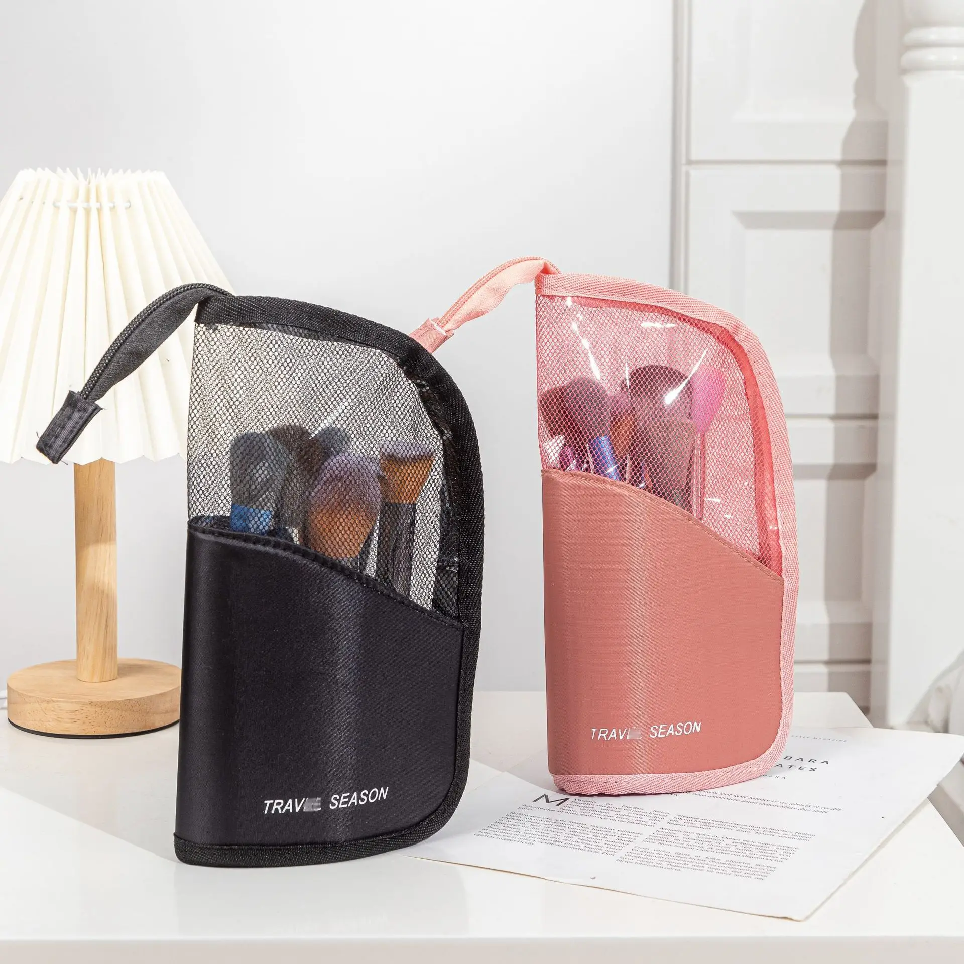 HOMEFISH 1 Pc Stand Cosmetic Bag for Women Clear Zipper Makeup Bag Travel Female Makeup Brush Holder Organizer Toiletry Bag