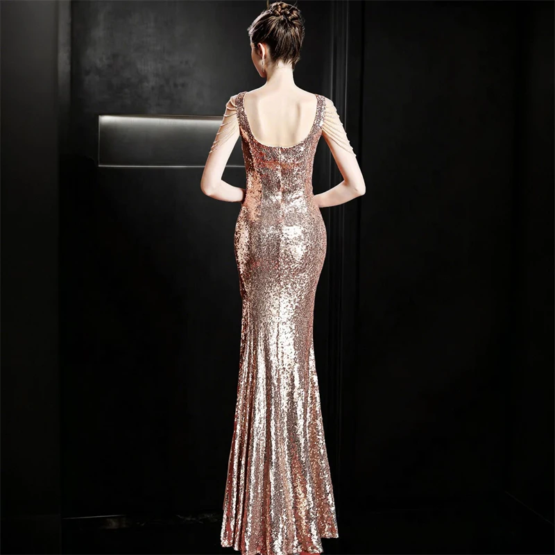 Hochwertiges Damen-Abendkleid mit Pailletten, Meerjungfrauen-Schnitt, V-Ausschnitt, rückenfrei, bodenlang, glitzernd, französisch-elegantes Bankett-Party-Festkleid – Detail 8