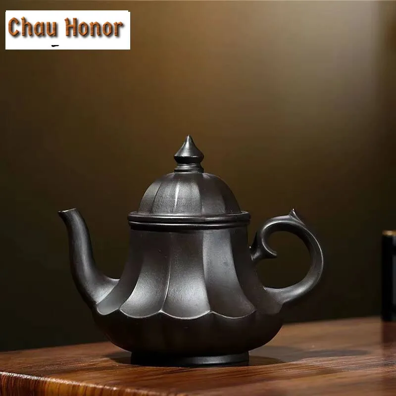 

190ml Yixing Purple Clay Pot Famous Hand-made Ribbed Palace Lantern Teapot Raw Ore Black Mud Household Tea Set Customized Gifts