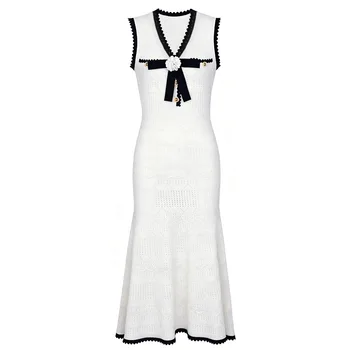 ZJYT Summer Elegant Knitted Dresses for Woman 2026 Fashion New Sleeveless Bowknot Midi Casual Party Dress Pink White Vestidos 4