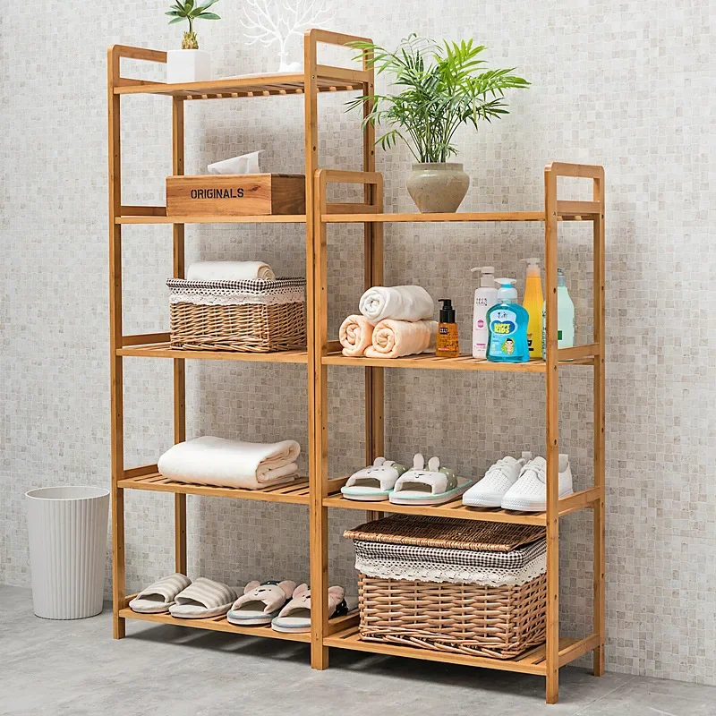 

Bamboo Bookshelf Narrow Adjustable Book Shelf Bookcase Bathroom Shelves Freestanding Storage Stand for Living Room Bedroom