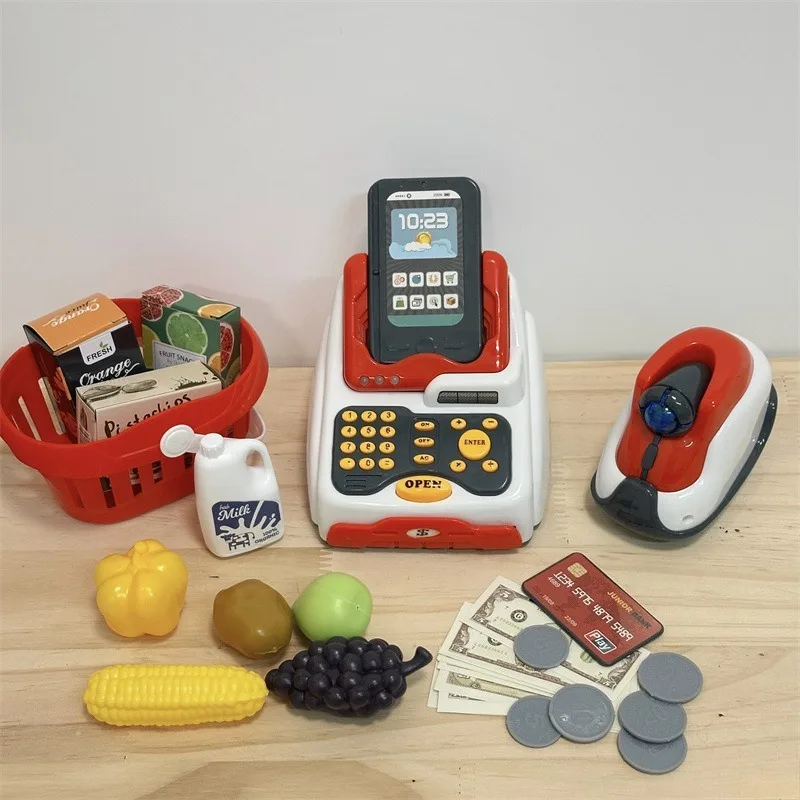 แคชเชียร์ของเล่นลงทะเบียนเงินสด Playset ซูเปอร์มาร์เก็ตชําระเงินของเล่นเสียงแสงช้อปปิ้งแคชเชียร์บทบาทเล่นเกมชุดสําหรับของขวัญเด็ก