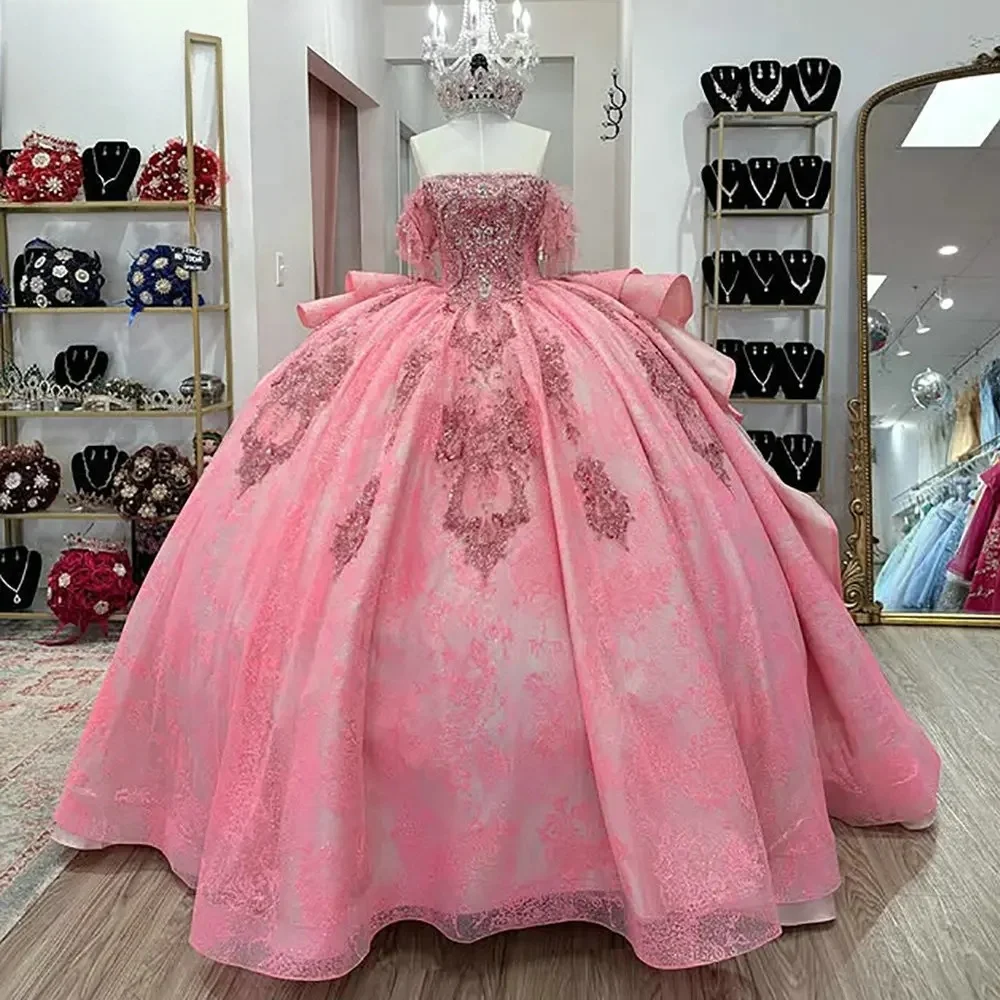 

Pink Charro Quinceanera Dresses Ball Gown Strapless Appliques Lace Beaded Mexican Sweet 16 Dresses 15 Anos Customized