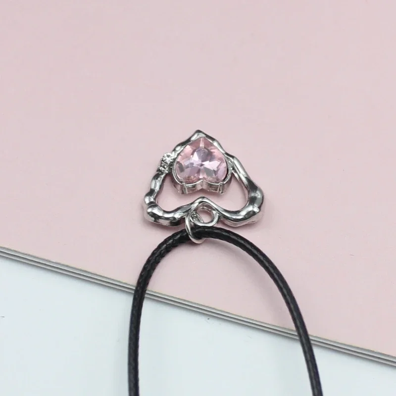 Pink Crystal Hollow Heart Pendant Necklace 45+5cm PU Leather Wax Line Clavicle Collar Fashion Jewelry Gift Accessory Wholesale