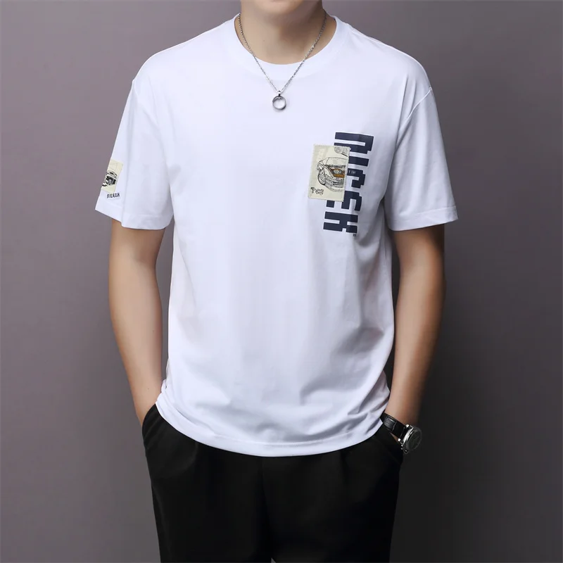

AISHUNP Men's T-shirt Printing Letter Luxury Car Sticker Cotton High Quality Casual Short Sleeve Tee Men's Clothing