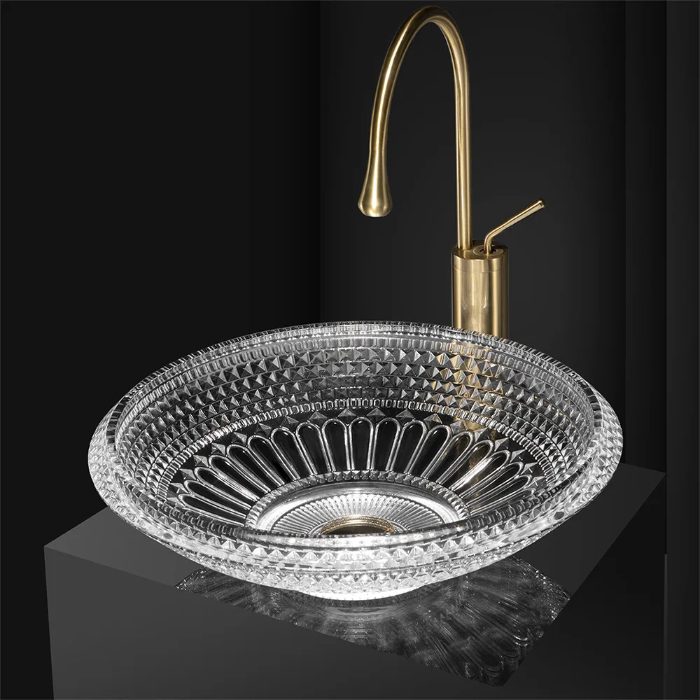 44cm Round Crystal Glass Sink Bathroom Washbasin Transparent Luxury Washroom Countertop Sinks Die Casting Process Vessel Pool