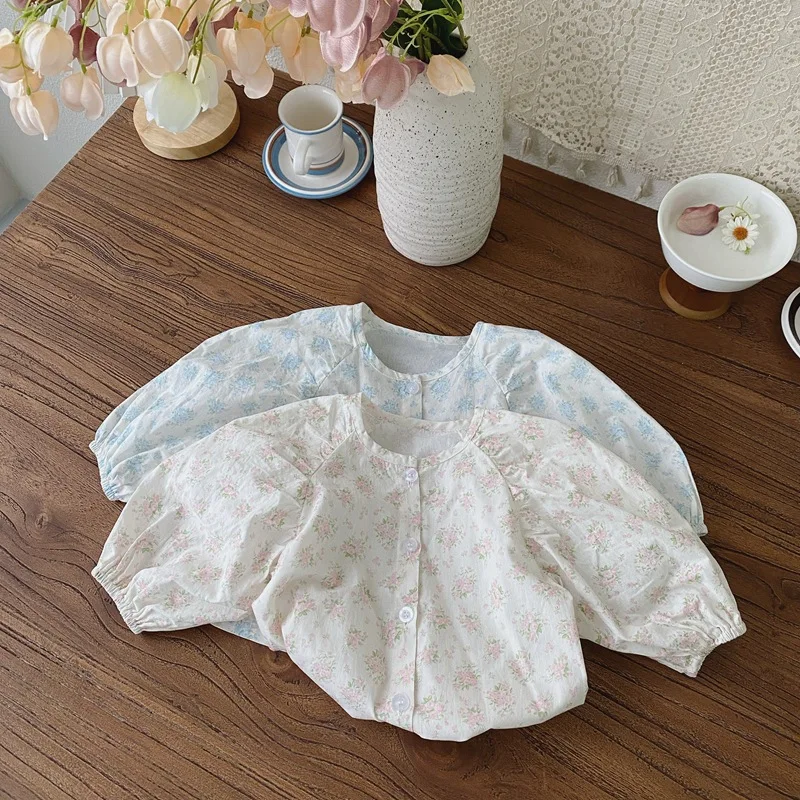 Baby Girls Floral Print T-shirt+Suspender Denim Dress One Breasted Puff Sleeve Soft White Tees Cute Blue Pleated Jean Overalls