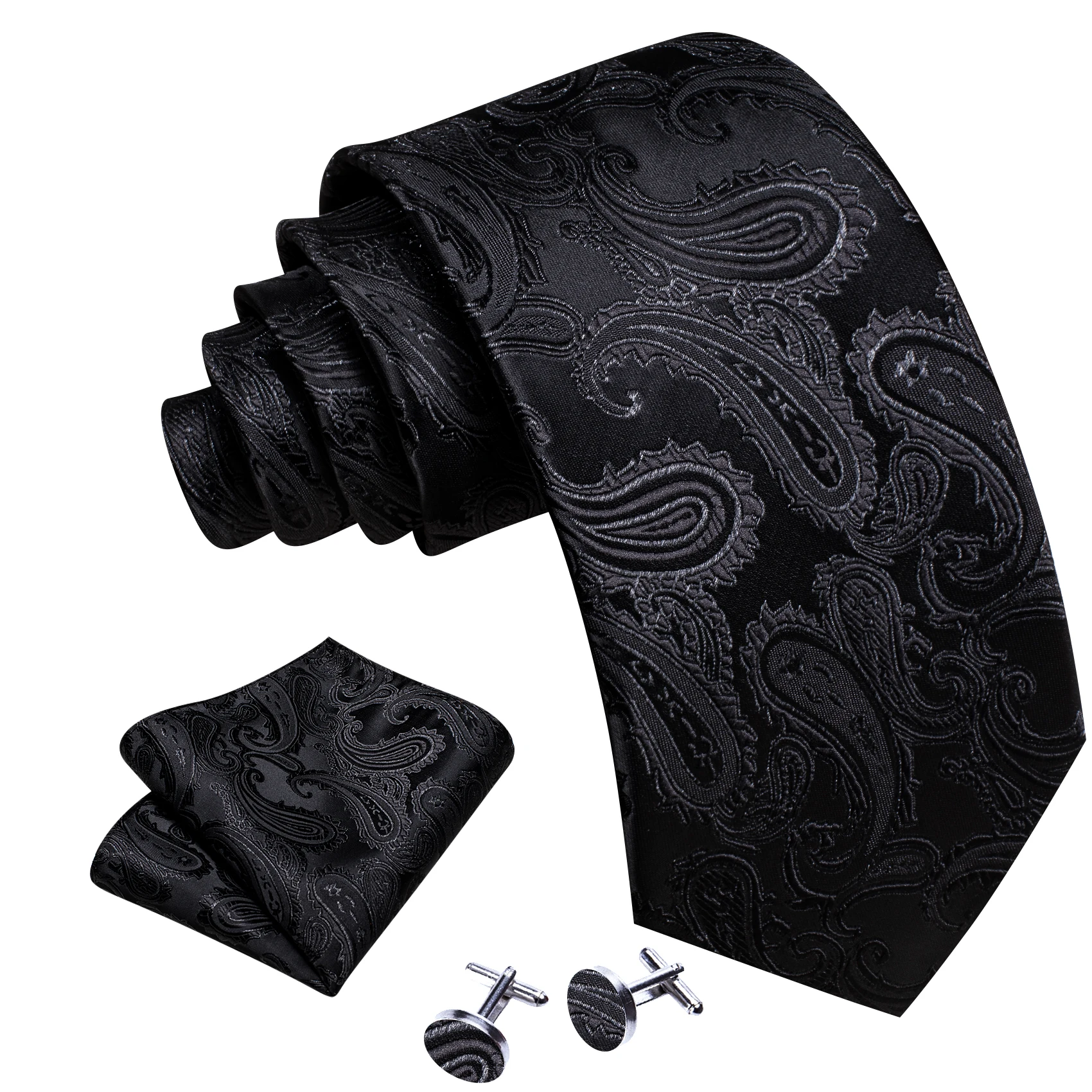Business-Krawatten in Schwarz für Herren, klassisch, einfarbig, hochwertig, gewebtes Einstecktuch, Manschettenknöpfe, Sets für Partys, formell, Designer Barry. Seide Wang – Detail 4