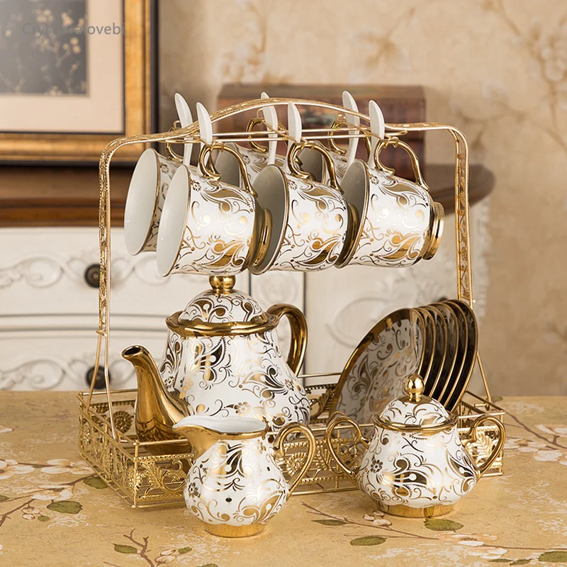 16PCS Luxury European Teapot Ceramic Gold Pattern Tea Pot And Cup Set Tray Spoon Porcelain Coffee Mugs Tetera Home Decoration