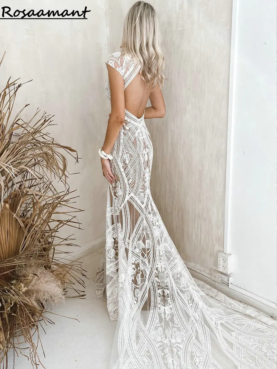 Bohemian Champagne Illusion Open Back Appliques Lace Mermaid Wedding Dresses O-Neck Cap Sleeve Country Bridal Gowns