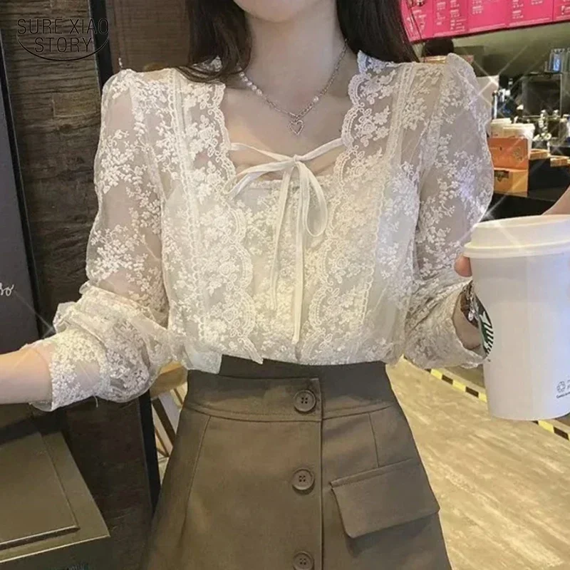 New French Square Collar Apricot White Lace Blouse Autumn Casual Loose Tops Sweet Puff Long Sleeve Lace-up Shirt Blusas 17442