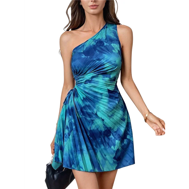 ABRT-Women's Summer Dress 2025 Tie Dye One Shoulder Mini Dress Pleated Cut Out Wedding Guest Dresses
