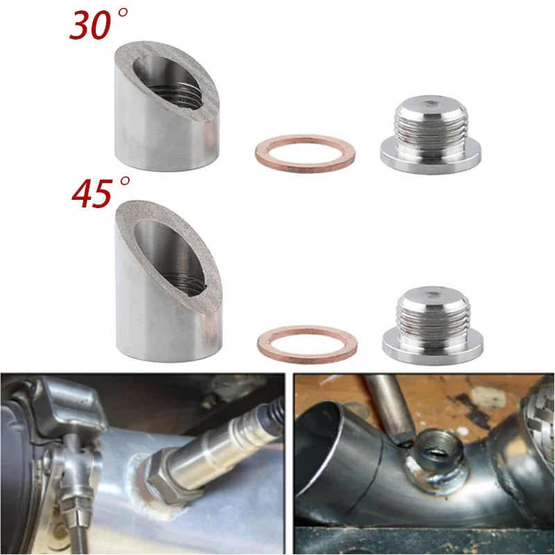 M18 x 1.5 O2 Oxygen Sensor Mounting Bungs and Plugs 30 45 Degree Angled Notched Style Weld In Oxygen Sensor Fitting