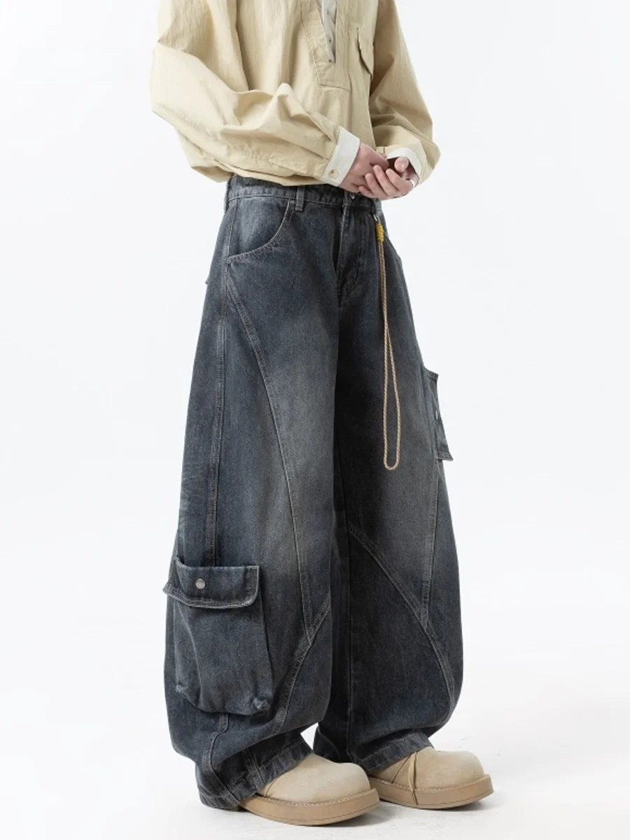 

Американские мужские джинсы в стиле пэчворк с широкими штанинами, осенние, прямые, свободного кроя, повседневные, для подростков