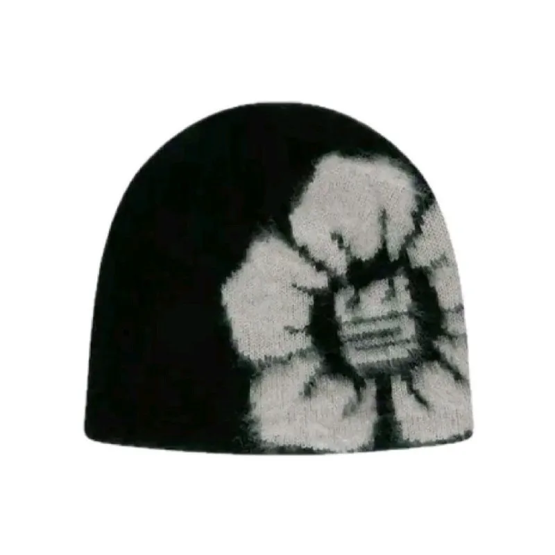 قبعة شتوية نسائية مع طباعة زهور، قبعة جمجمة محبوكة باللونين الأبيض والأسود، قبعة متماسكة ناعمة ودافئة، أغطية رأس عصرية للاستخدام اليومي
