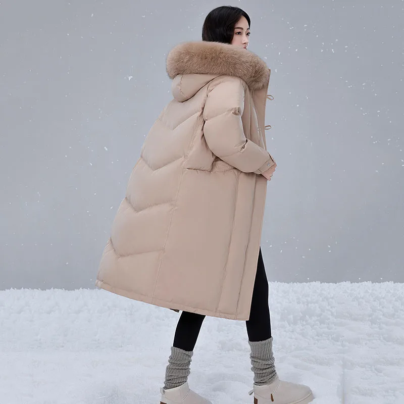 الشتاء الدافئة مقنعين 95 الأبيض بطة أسفل المرأة أسفل سترة 2025 جديد عالية الجودة سميكة الثعلب الفراء طوق المرأة أسفل سترة H495