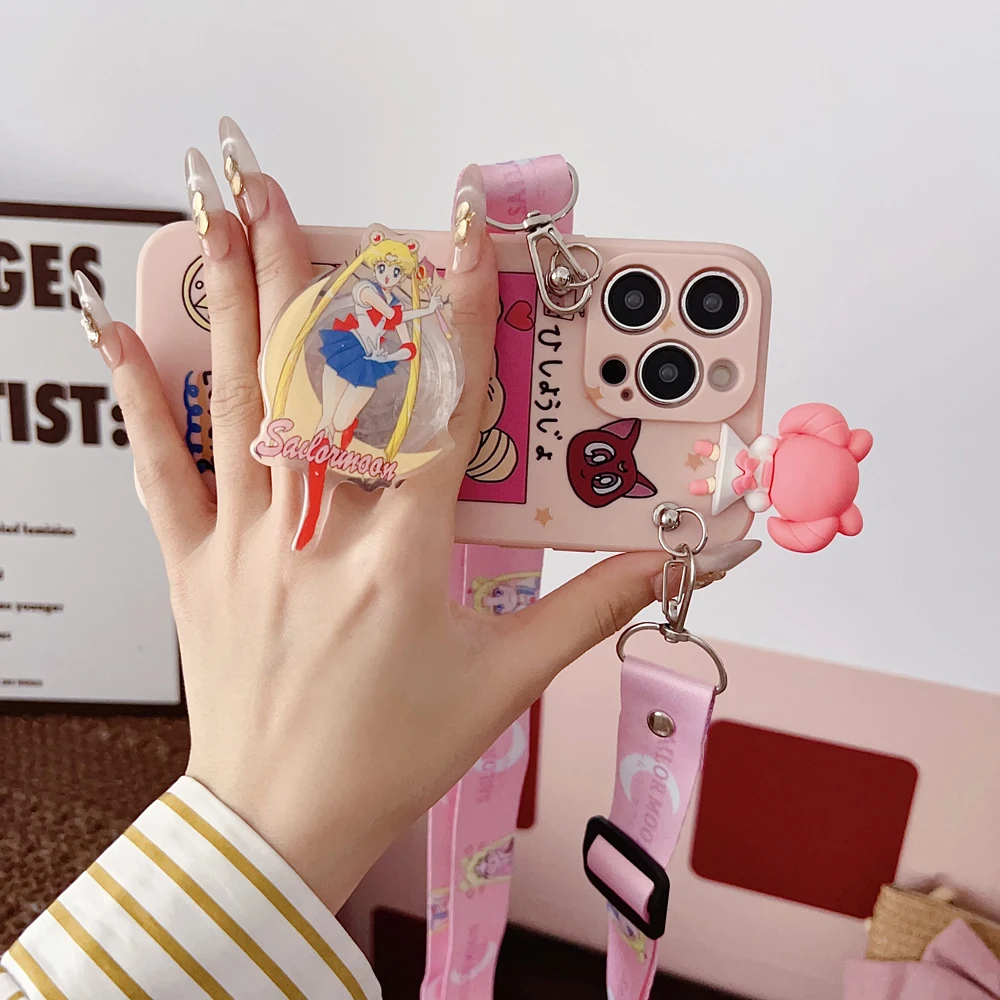 Dla Samsung Galaxy A12 A11 A71 A51 A52 A22 A02s A32 A13 A53 A03s A04s A20s A33 A73 A23 Pink Moon Case With Holder Rope