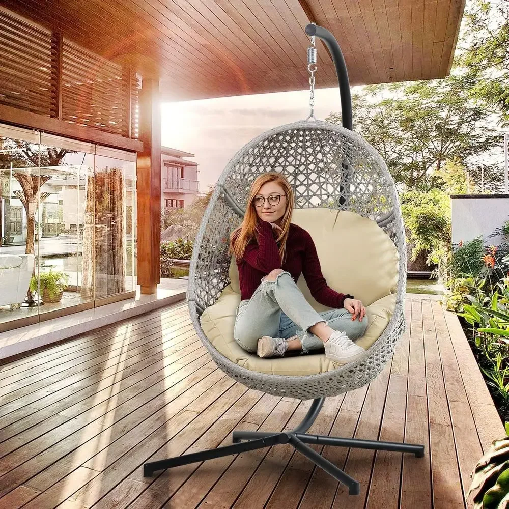 

Outdoor Hanging Egg Chair with Stand, Weather-Resistant Wicker Swing Chair, 330lbs Capacity, Cushioned for Patio, Balcony, or Be