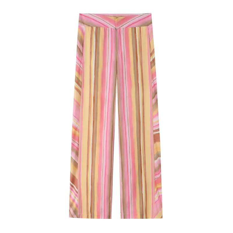 XNWMNZ High Quality  2026 New Women's Summer Bohemian Striped Print Wide Leg Pants High Waist Flowy Trousers Casual Chic