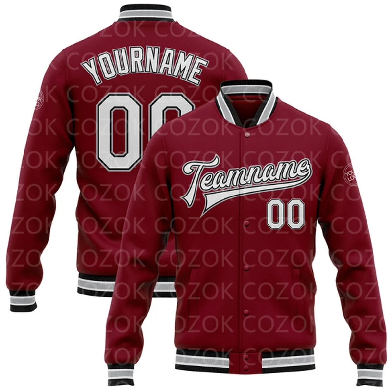 Custom Dark Brownish 3D Printed Baseball Button Jacket Bomber Full-Snap Varsity Letterman Jacket