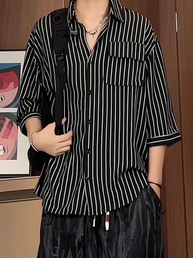 Men's Summer Ice Silk Short Sleeve Striped Shirt Casual Loose Fit Button up Workwear Jacket Youth Trendy Seven Inch Sleeve