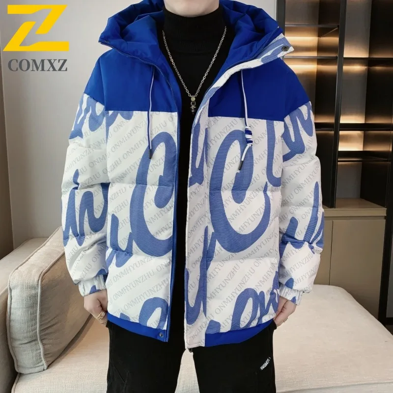 

COMXZ Men padded Clothing Autumn Winter New Color-block Trend Print Thickened Warm Outdoor Sports Stand Collar Coat Down Jacket