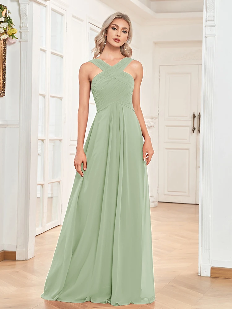 Lucyinlove Elegant Chiffon Green Formal Evening Dress 2024 Women Sexy Backless Wedding Party Bridesmaid Dress Floor-lenght Prom