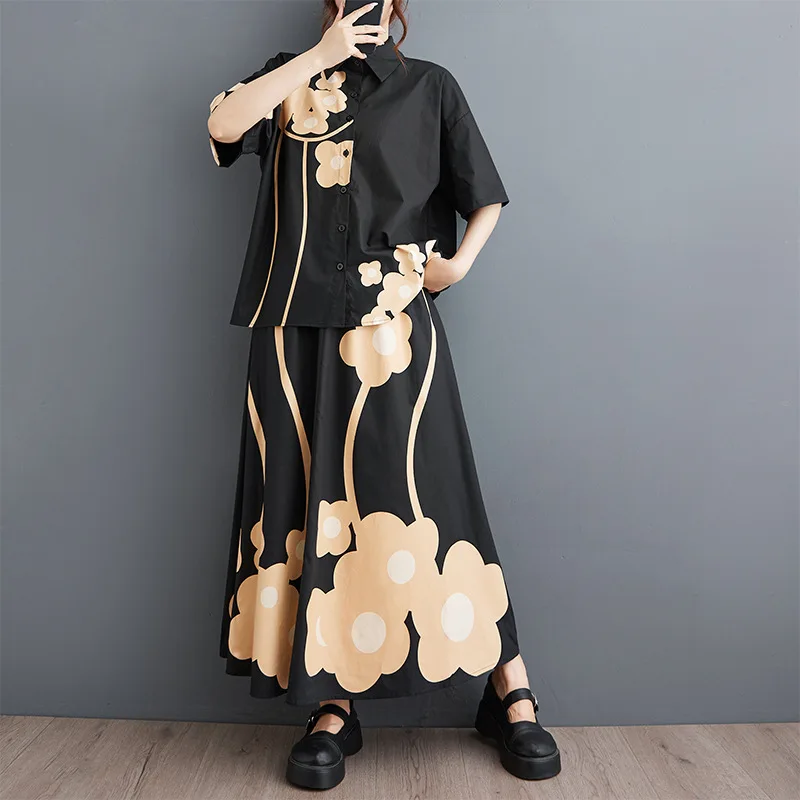 

SuperAen 2024 Summer New Fashion Printed Set Short Sleeve Shirt Big Swing Long Dress Two Piece Set