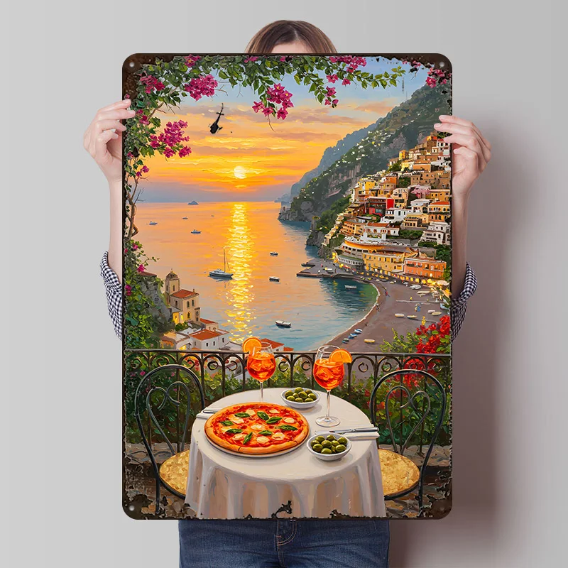 Italian Coast Dinner With Sunset View Printed Poster Customized Wall Art Retro Vintage Metal Tin Signs for Room Desk Decor House