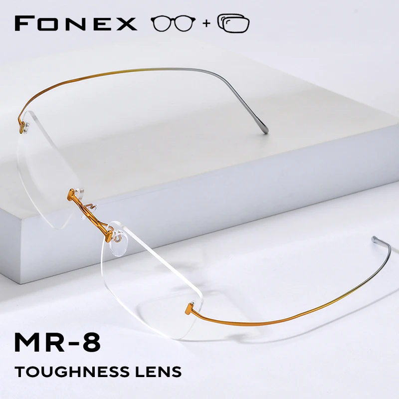 FONEX Progressive Prescription Eyeglasses Photochromic Myopia Optical Lens Eyewear Men Rimless Glasses Titanium Frame 85871