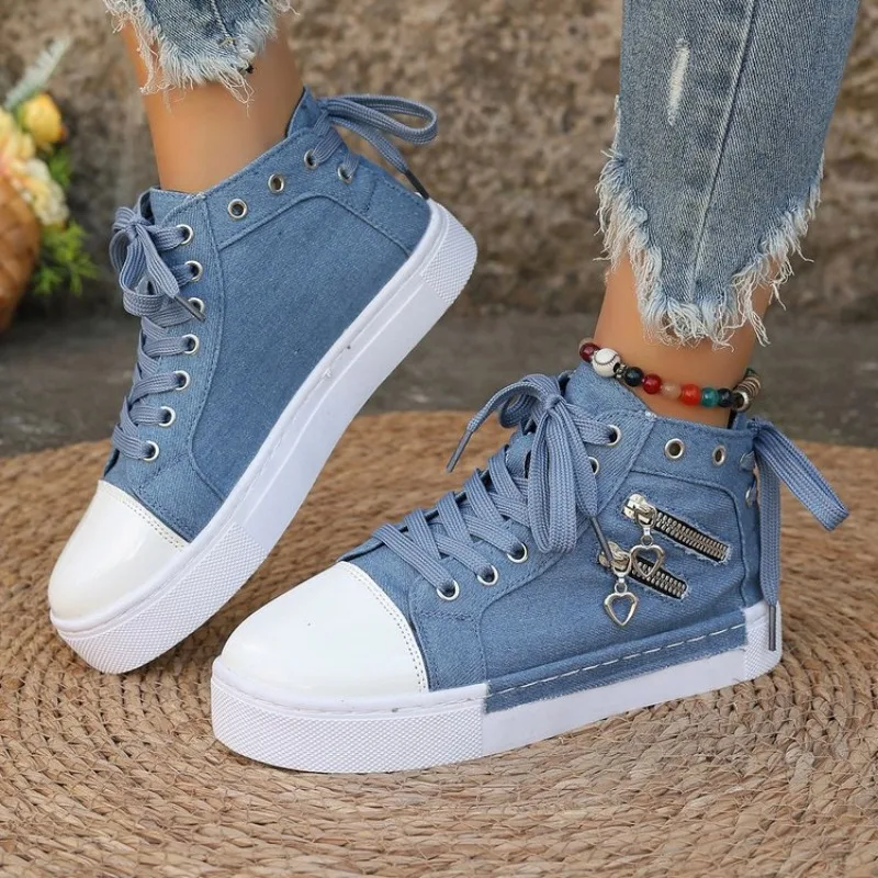 Women's Canvas Shoes New Thick Soled Round Head Lace-up  Single Shoes Casual Comfortable Soft Sole Increase Sports Shoe