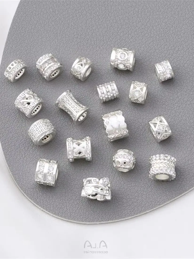 

Silver Micro-inlaid Zircon Barrel Beads, Big Hole Wheel Beads, Separated by Beads, Passepartout Handmade, DIY Beaded Accessories