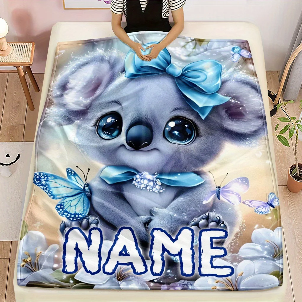 Personalisierte individuelle Namens-Überwurfdecke aus süßem Koala-Flanell, glamouröser Stil, leicht, für alle Jahreszeiten für Reisen, Camping, Zuhause, Büro