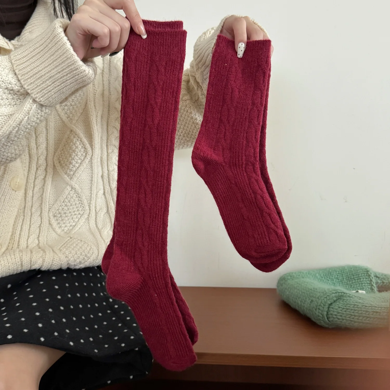 

SP&CITY Japanese Twists Pattern Calf Socks Women's College Style Solid Thickened Winter Knit Socks Soft Double Needle Socks