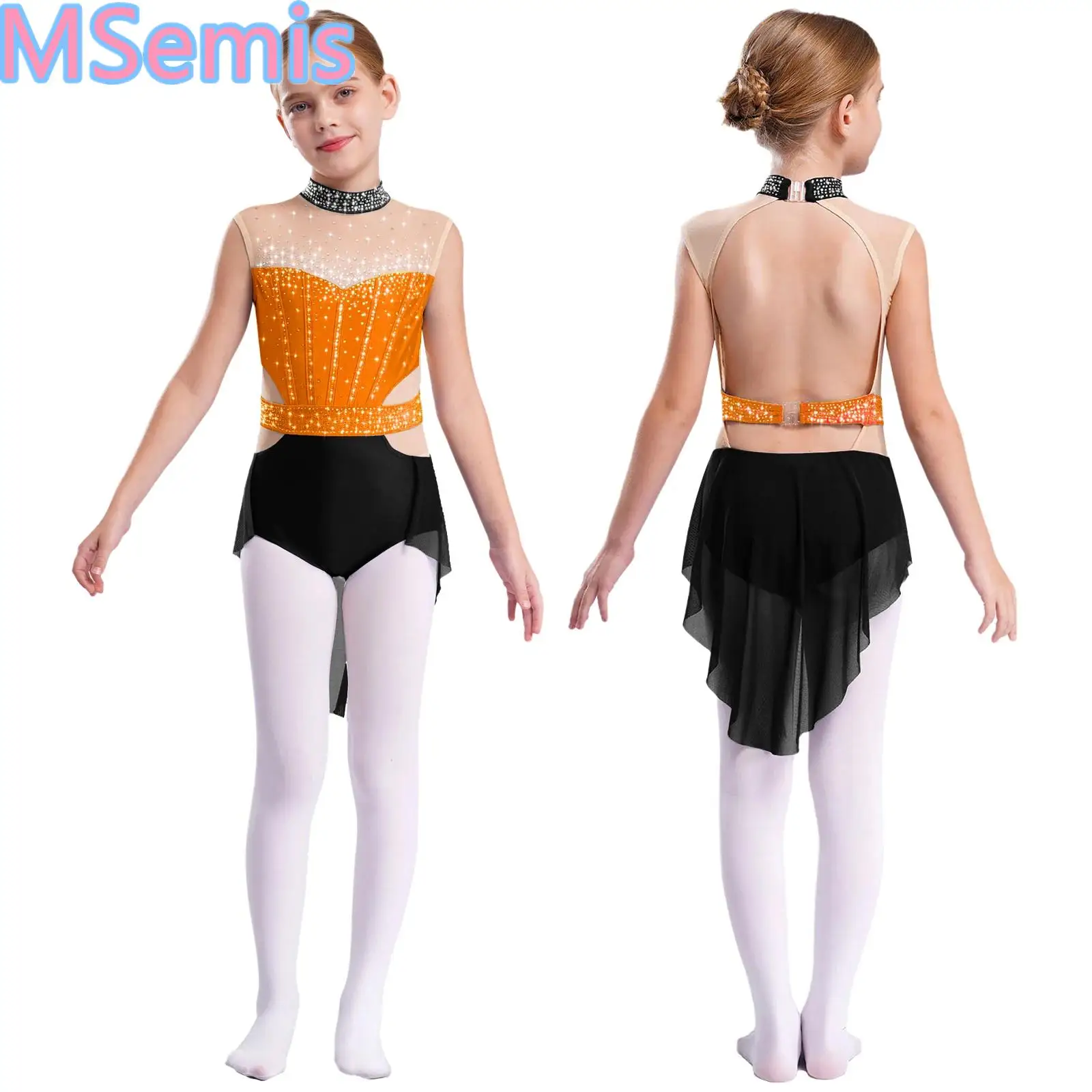 

Kids Girls Lyrical Mesh Dance Leotard Mock Neck Sleeveless Shiny Rhinestones Color Block Patchwork Overlay Skirted Costume