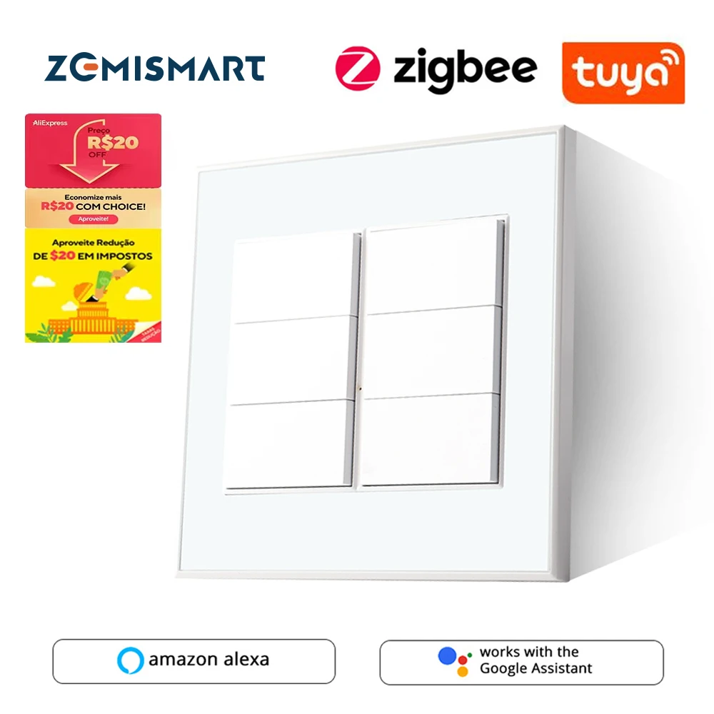 Zemismart Tuya 6 Gangs Zigbee Smart Wall Light Switch 4x4 Neutral Required Push Button Switches Alexa Google Home Remote Control