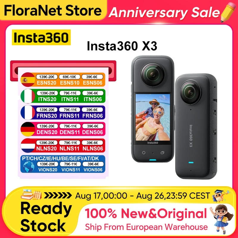 Insta360 X3 Impermeabile con Sensori da 1/2" e 48Mp, Video 5.7K e 360 Active HDR ° Foto a 72Mp e Video 4K con Obiettivo Singolo