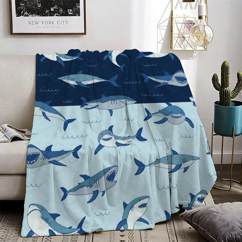 Cool Shark Print Throw Lightweight 240g Flannel Blanket Soft Skin-friendly for Summer Cooling