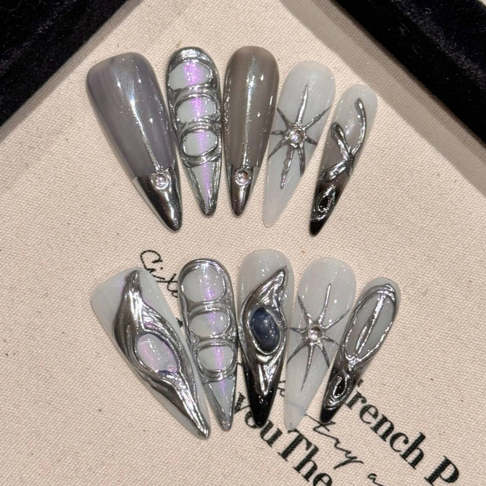 

10 шт. накладных ногтей ручной работы с полным покрытием, блестками, металлическим эффектом, эффектом кошачьего глаза, в стиле стилетто, в стиле Spice Girls, французские, миндалевидные, для маникюра