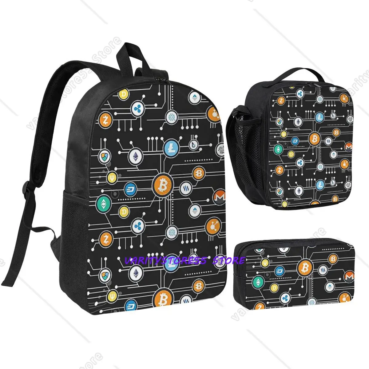 

Cryptocurrency Bitcoin Logo Backpack Boys Girls BookBag School Bag Shoulder Bags 3ps Insulated Lunch Bag Pencil Case