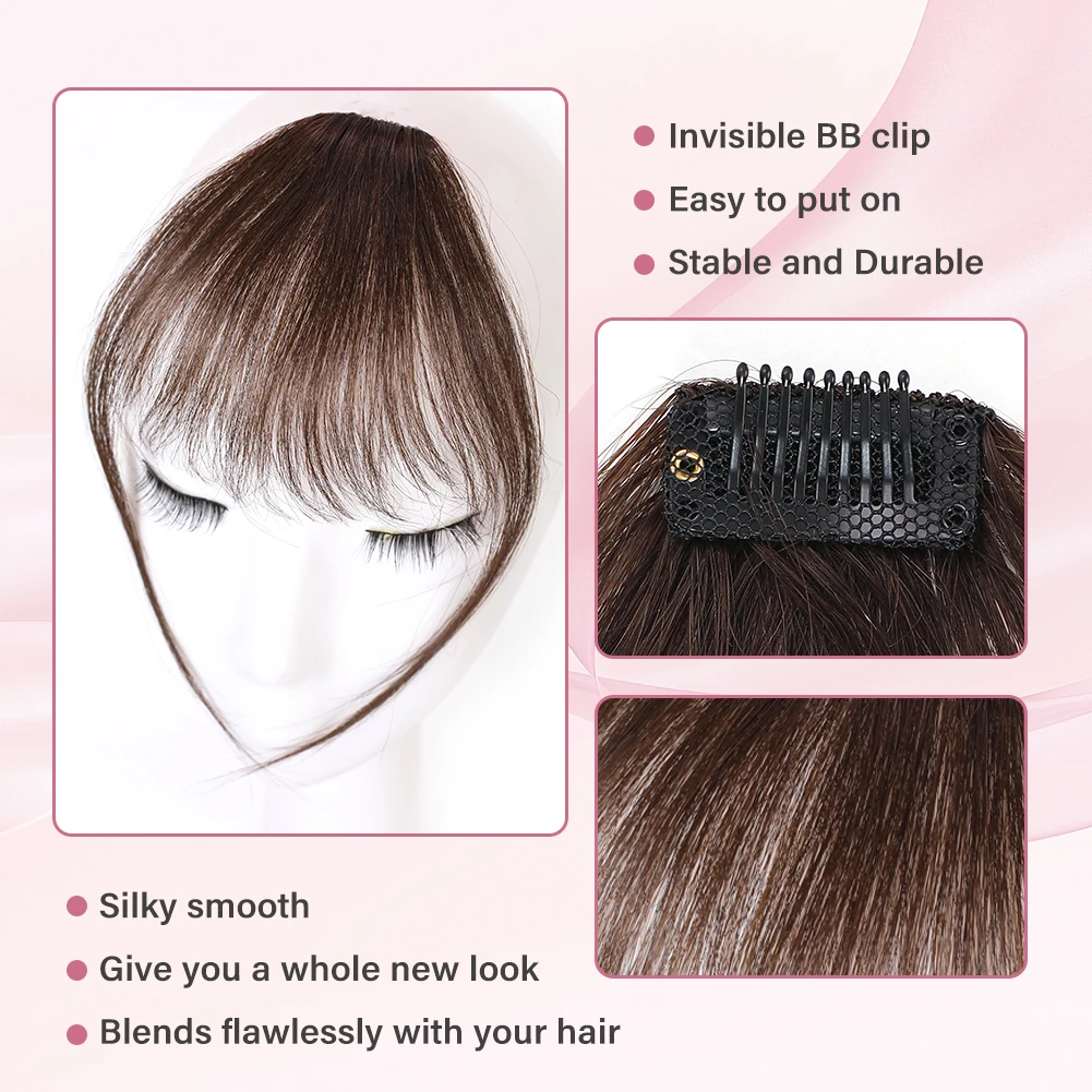 Rambut Asli Manusia 100% Lurus dengan Poni 3D dan Poni Samping untuk Wanita, Ekstensi Jepit Rambut Tipis Terlihat Alami