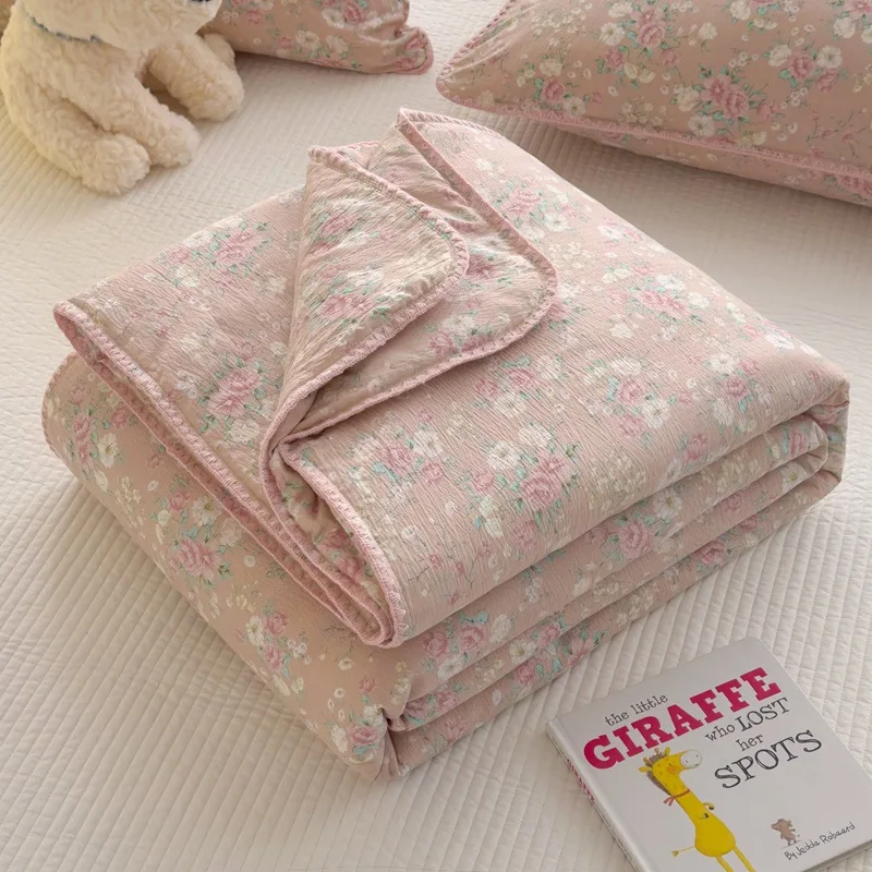 Double-Layer Yarn Antibacterial Summer Quilt Korean Style Pink Floral Air Conditioner Quilt