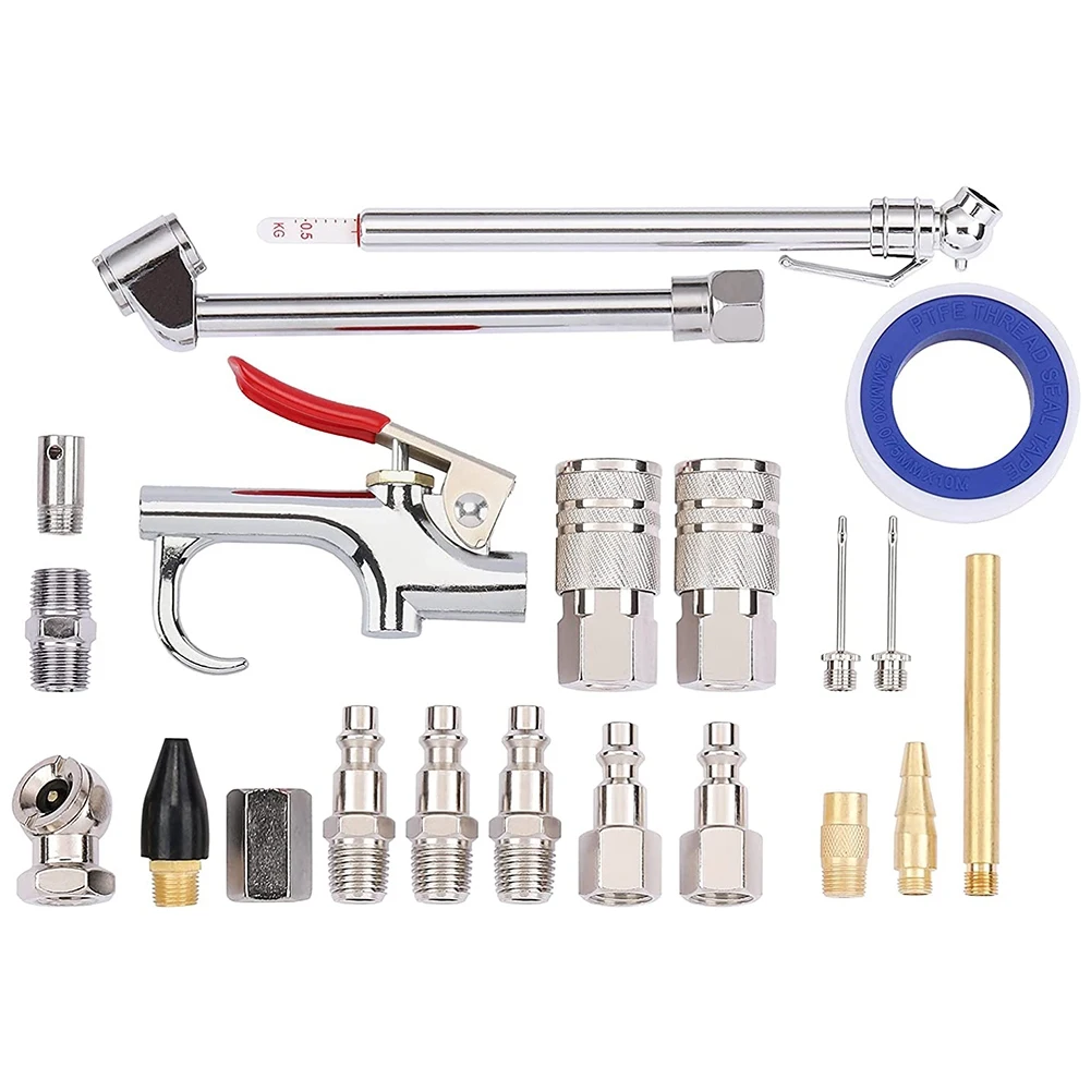 

21 Pieces Air Compressor Accessories 1/4 Inch NPT, Inflation Kit, With Blow Gun, Air Chucks, Inflation Needles,Seal Tape