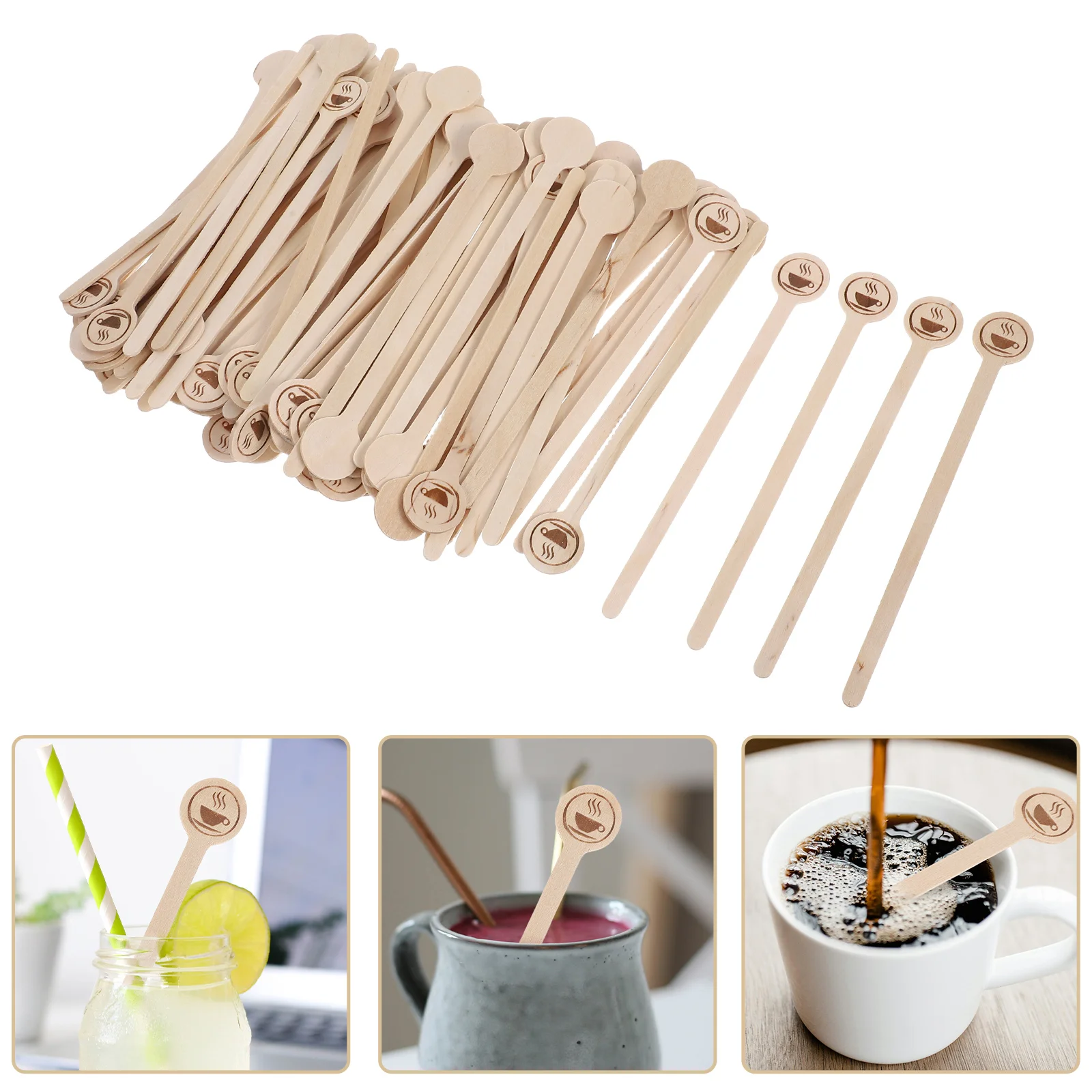 100pcs Wooden Coffee Stirring Sticks Beige Disposable Beverage Mixing Rods Cocoa Stirrers Hot Cold Drinks Kitchen Bar Tools